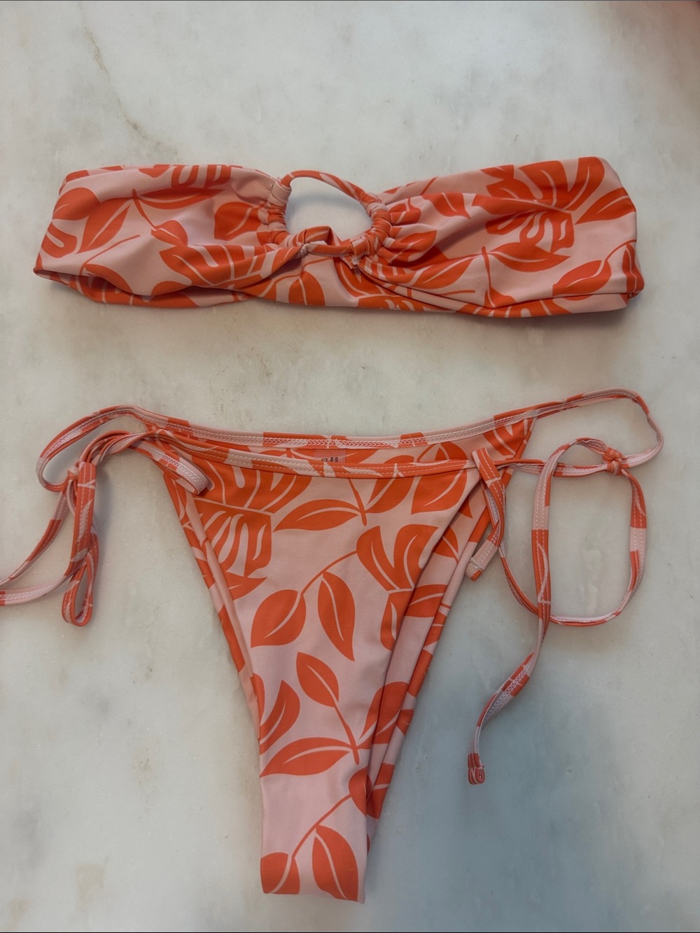 SHEIN Pink and Orange Leaf Print Bandeau Tie-Side Bikini